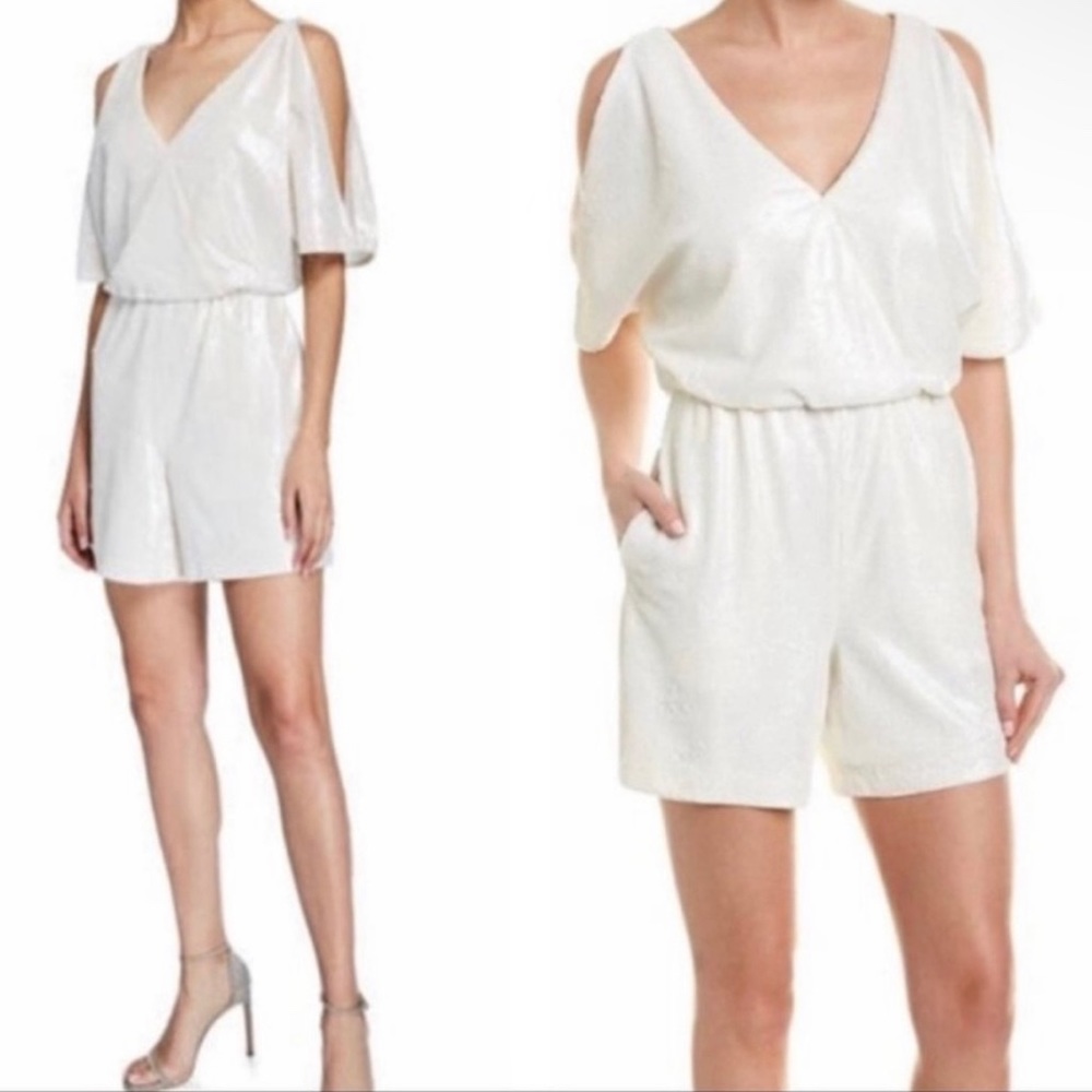 Aidan Mattox Ivory Sequin Short Sleeve Romper